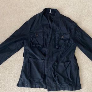 Free People Navy Blue Utility Canvas Jacket with open blazer style lapels